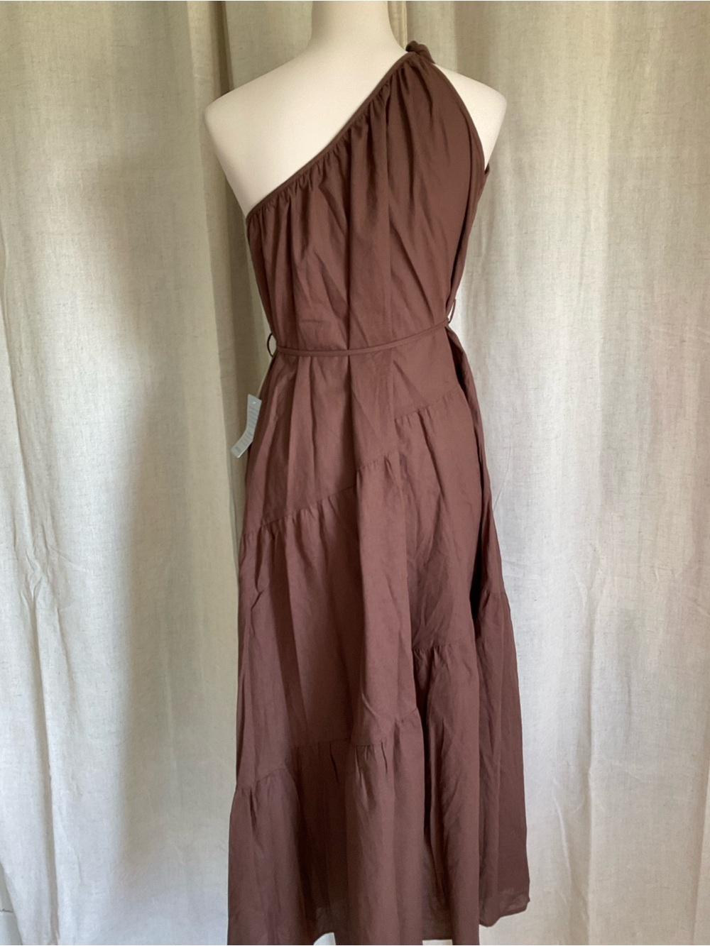 Petal & Pup One-Shoulder Linen Blend Midi Dress NWT Medium Brown Tiered Belted